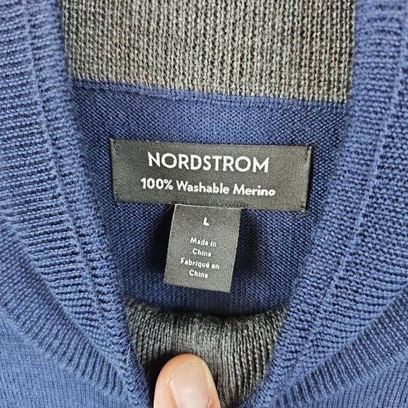 Nordstrom Washable Merino Wool Sweater Mens Size L Navy Blue 1/4 Zip Mock Neck - Picture 3 of 7